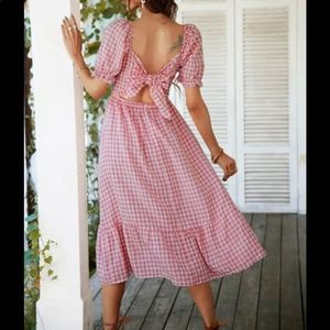 Gingham Pink And White Midi Puff Sleeve Back Bow Dress